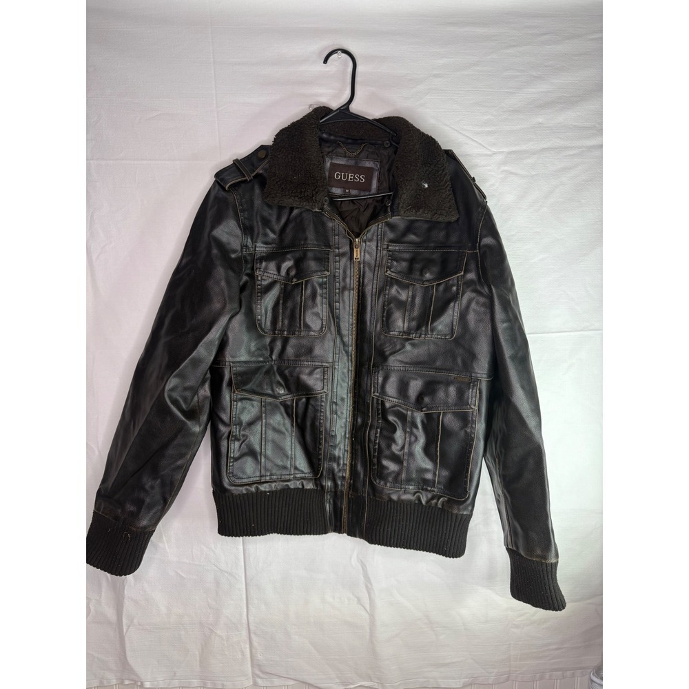 Guess Mens Brown Faux Leather Bomber Jacket Shearling Collar Medium 11ZK1159